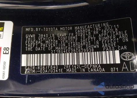 2011 Toyota Corolla Le z USA, uszkodzony, nr VIN 2T1BU4EE2BC629938